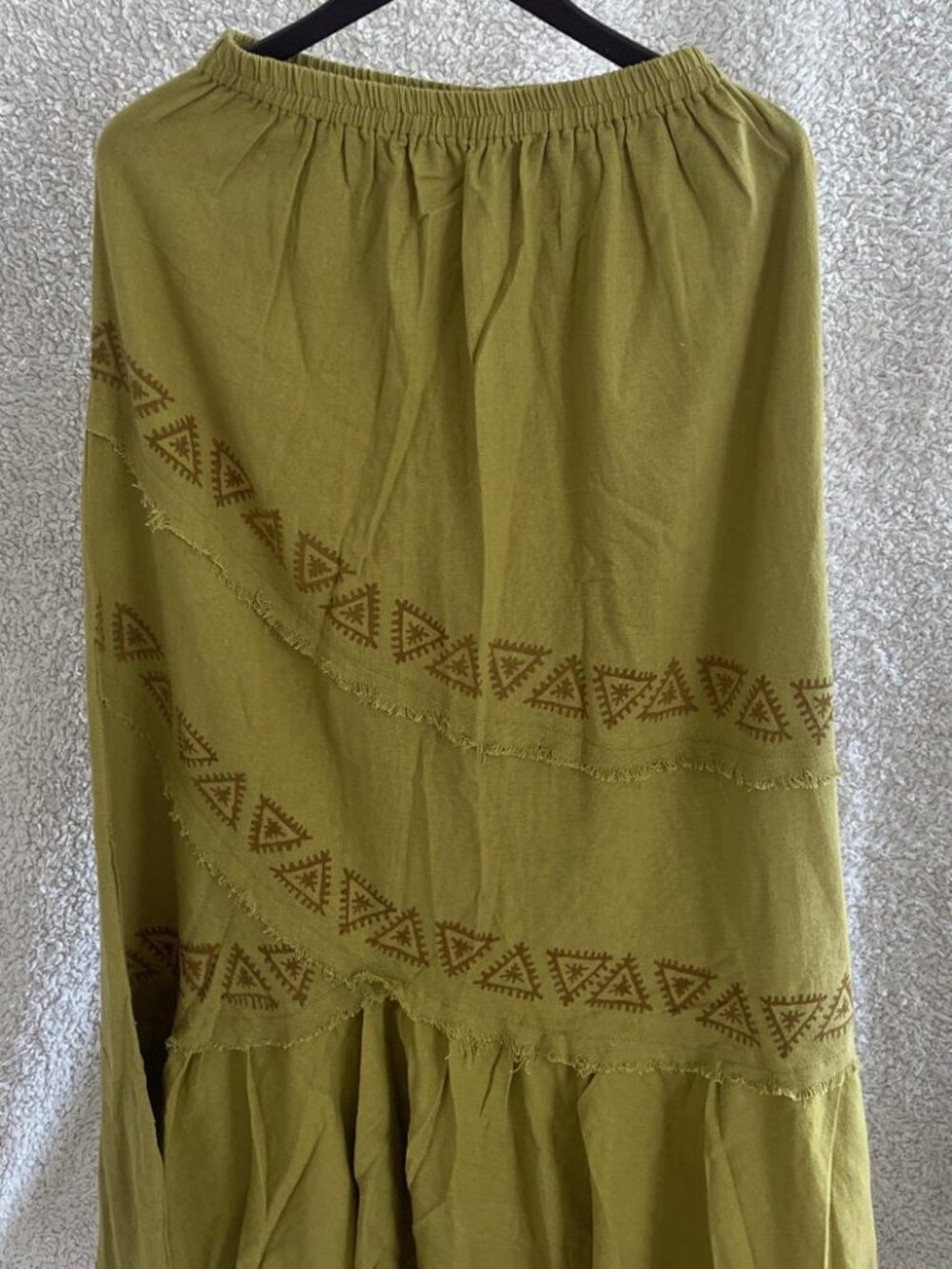 Thearah Green Organic Cotton Block Print Maxi Skirt, Triangle Border